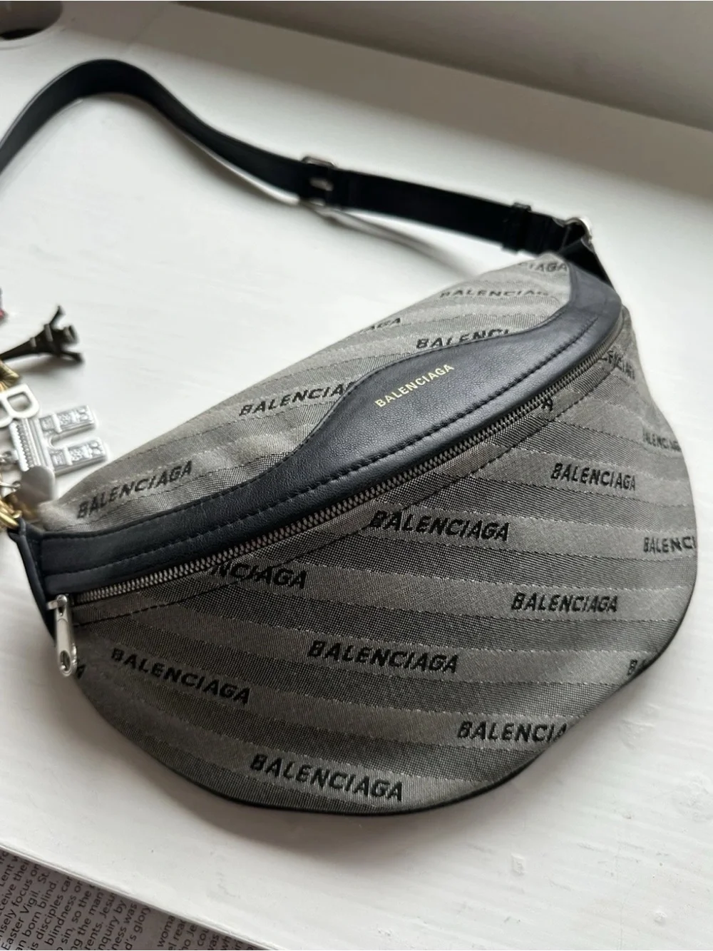 Balenciaga Grey Canvas & Black Leather Crossbody Bag